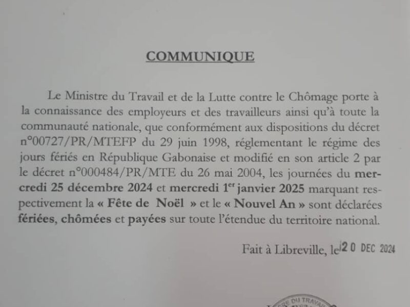 Les Mercredis 25 décembre 2024 et 1er janvier 2025, fériés, chomés et payés