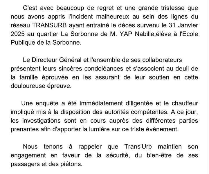 Les condoléances de Trans'Urb