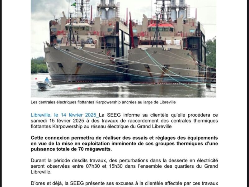 Travaux de raccordement des centrales flottantes Kapowership au réseau électrique du Grand Libreville