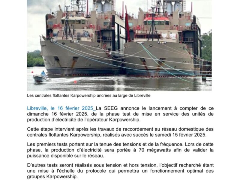 SEEG : début de la phase de test à compter du 16 février 2025