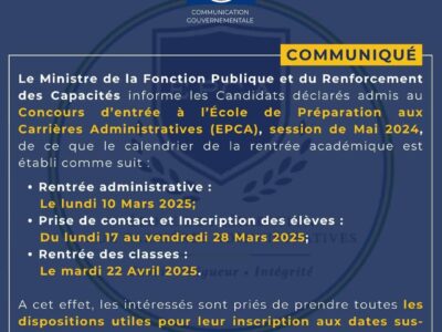 Calendrier de rentrée académique de L'EPCA