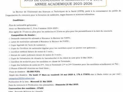 Concours d'admission à l'Université des Sciences et Techniques de la Santé (USTS)