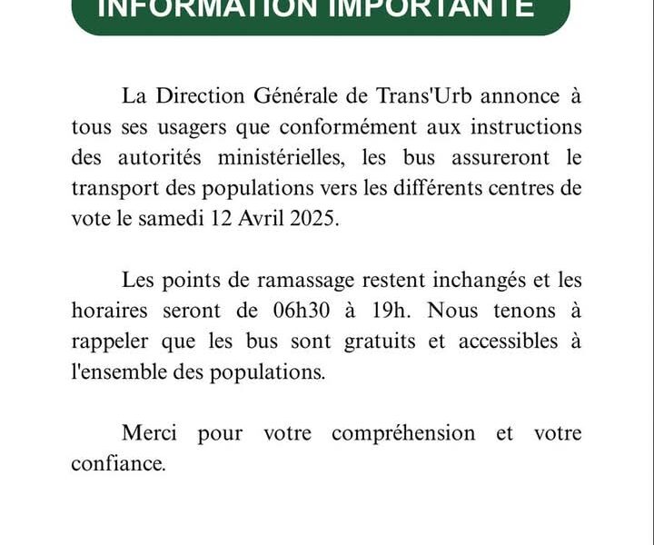 Trans'Urb assurera le transport vers les différents centres de vote