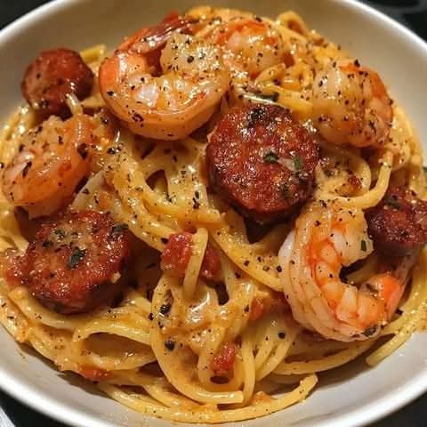 Spaghetti à la Crème de Poivron, Chorizo & Crevettes