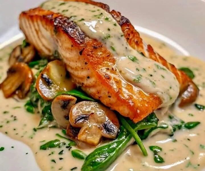Saumon au beurre à l'ail, épinards et champignons, sauce crémeuse 🐠 🥘 🧑‍🍳 ❤️