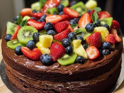 Gâteau au chocolat décadent garni d'une vibrante salade de fruits frais