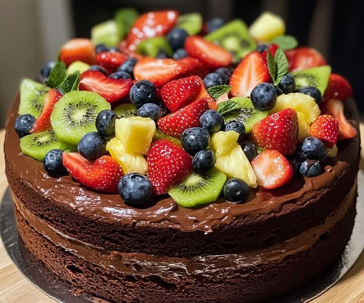 Gâteau au chocolat décadent garni d'une vibrante salade de fruits frais