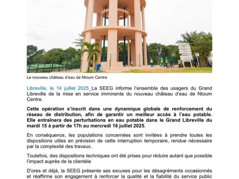 SEEG : interruption en fourniture d'eau potable les 15 et juillet 2025
